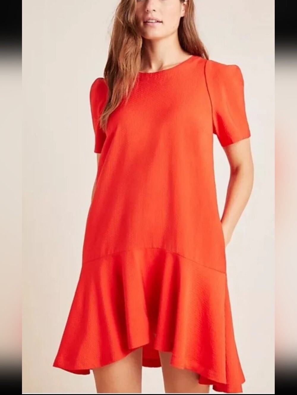 Maeve Anthropologie Puff Sleeve Drop Waist Mini Dress Red 12P Petite Flounce Euc